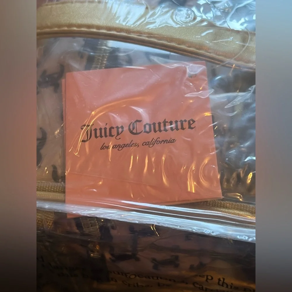 NWT Juicy Couture Gold & Black Cosmetic Bag Set PLUS Travel Toiletry Bottle NEW